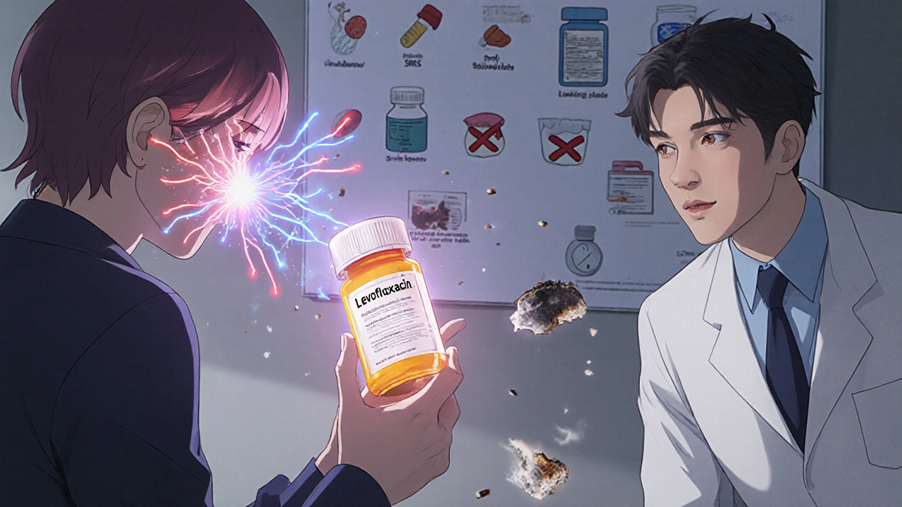 A patient holds an antibiotic bottle as neural pathways from their nose to brain show disrupted signals.