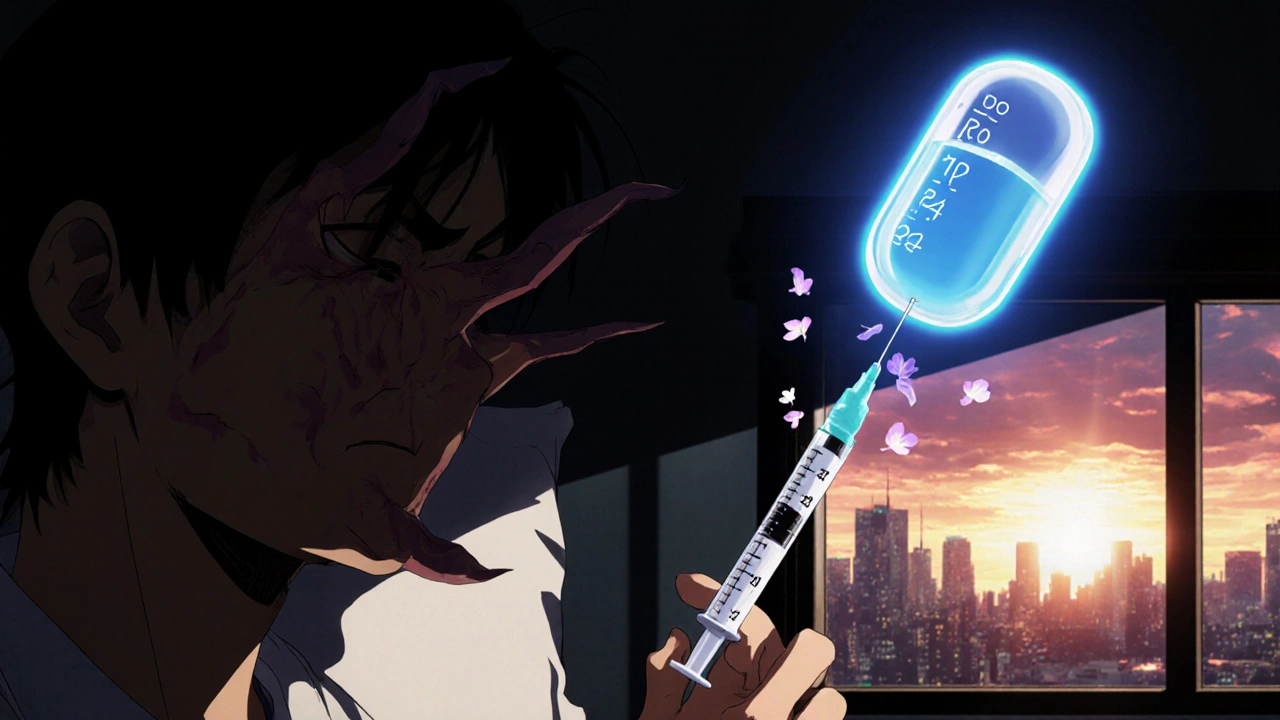 A patient injects blood thinner at night while a glowing DOAC pill floats nearby, symbolizing safer anticoagulation.