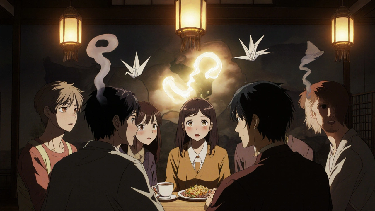 A support group sits in a circle, each person surrounded by visual distortions of distorted smells.