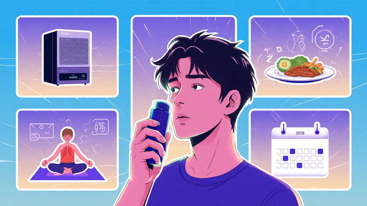 Adult using inhaler and peak flow meter with background panels of healthy lifestyle symbols.