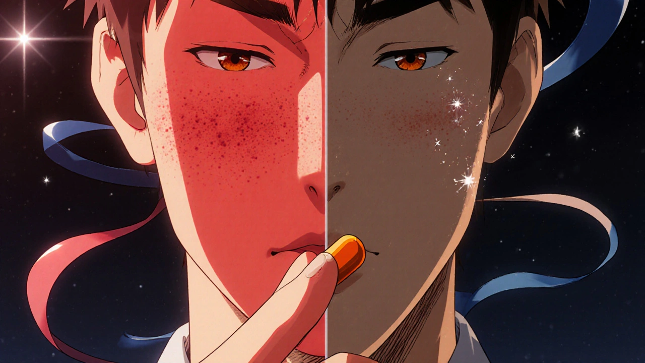 Before‑after split of face showing reduced redness after taking a low‑dose pill.