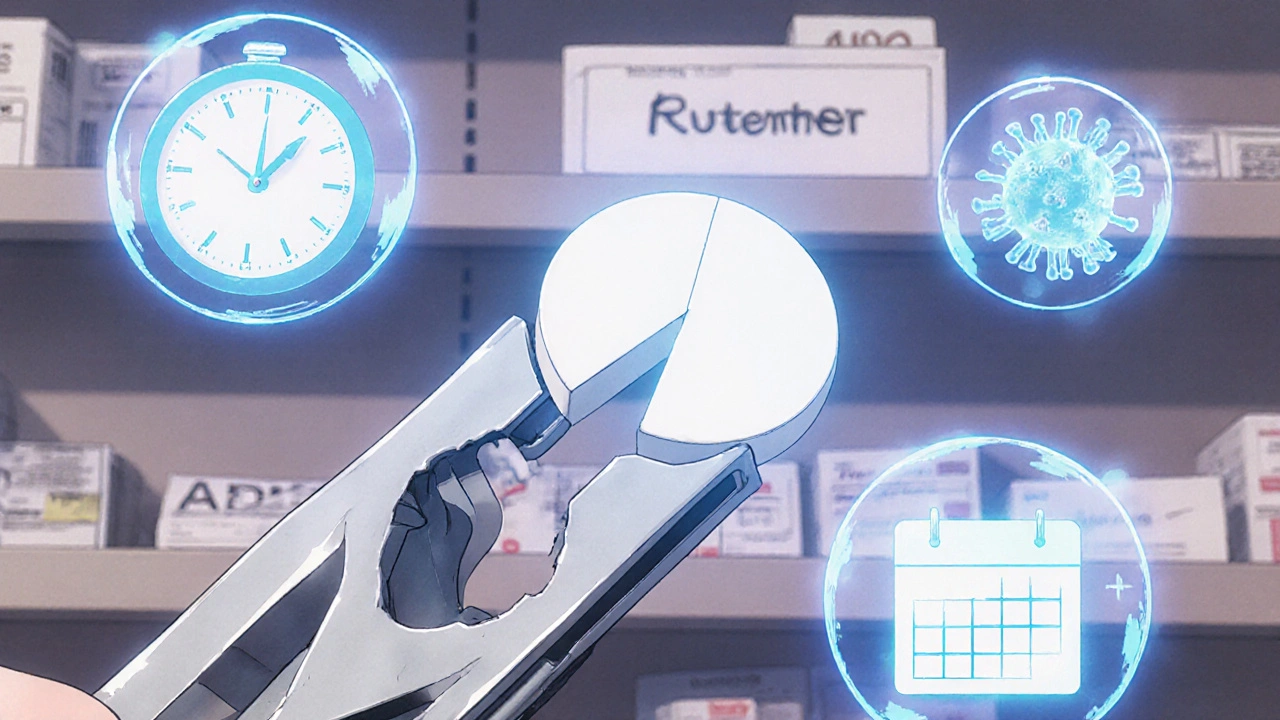 Close-up of a scored acyclovir tablet being split in half with medical icons floating nearby.