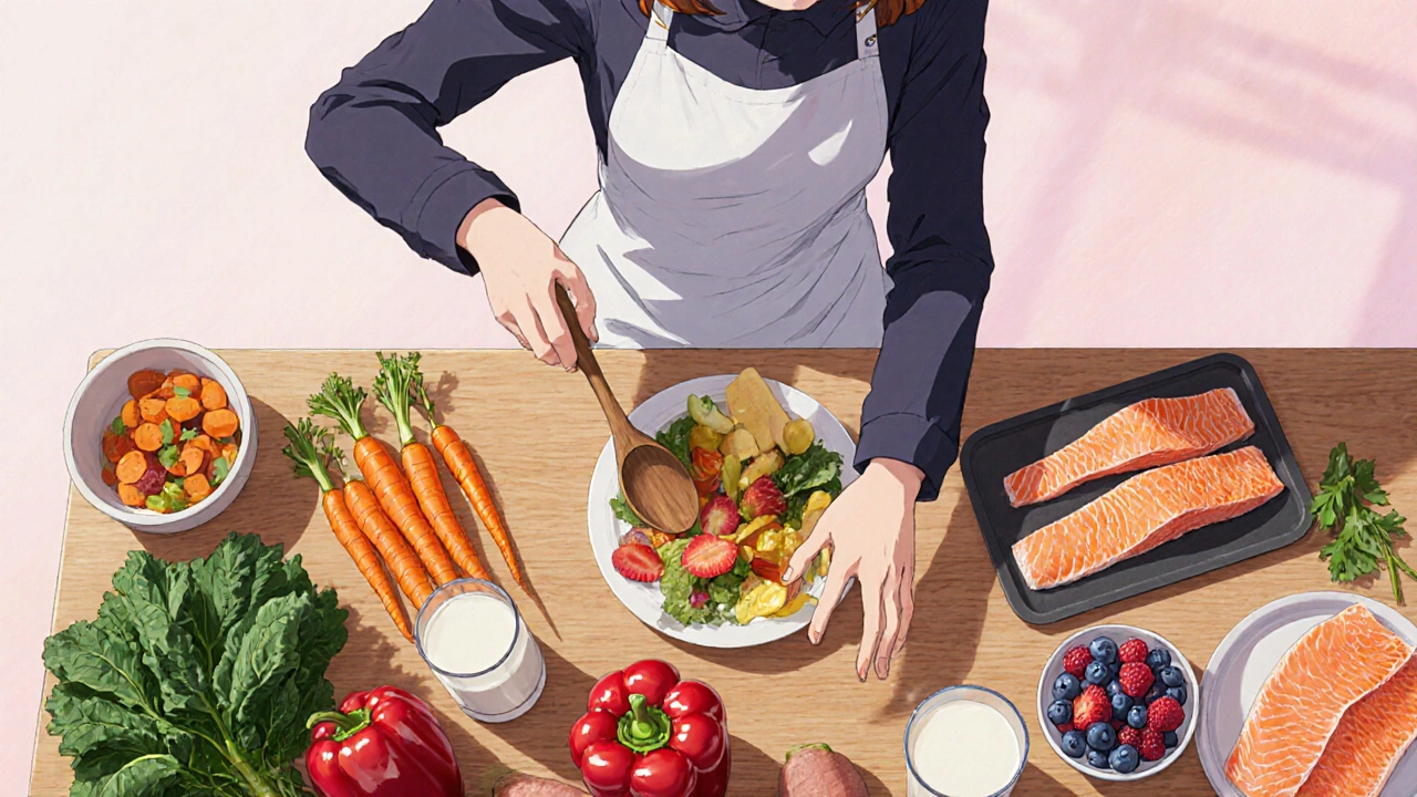 Colorful kitchen table filled with carrots, peppers, kale, salmon, milk, and berries.