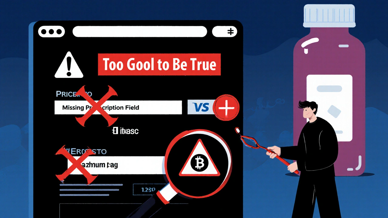 Comic‑style image highlighting red flags like low prices, no prescription, and crypto payments.