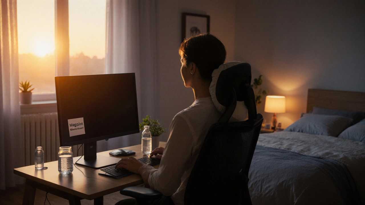 Cozy ergonomic office with wellness items, suggesting headache prevention and relief.