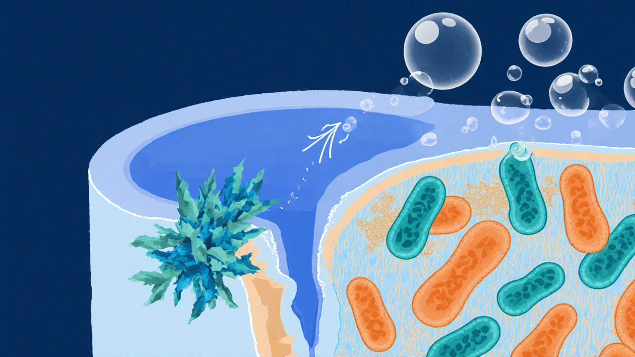 Cross‑section of intestine showing gluten particles, leaky gaps, and gas‑producing bacteria.