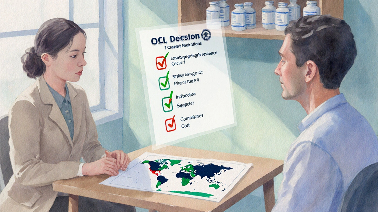 Doctor and patient reviewing a map and checklist for malaria drug choices.