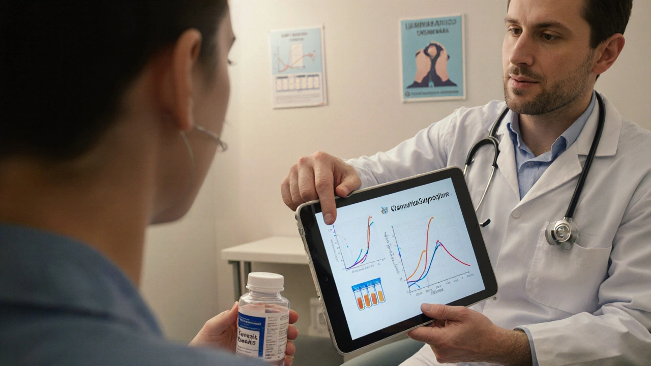 Doctor discussing treatment options with patient holding medication.