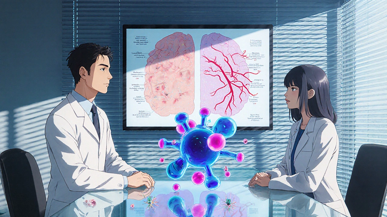Doctor duo discussing aripiprazole molecule over a glass table with animated skin and brain visuals.