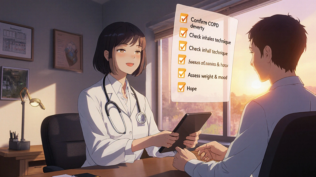 Doctor hands a Daliresp pill to a patient while a holographic checklist floats above.
