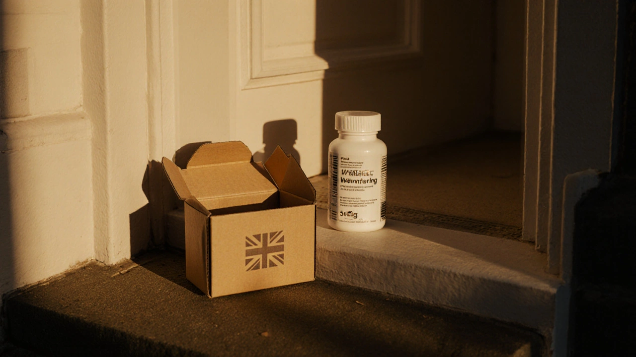 Doorstep parcel opened, revealing a bottle of warfarin tablets marked &#039;5mgW&#039;.