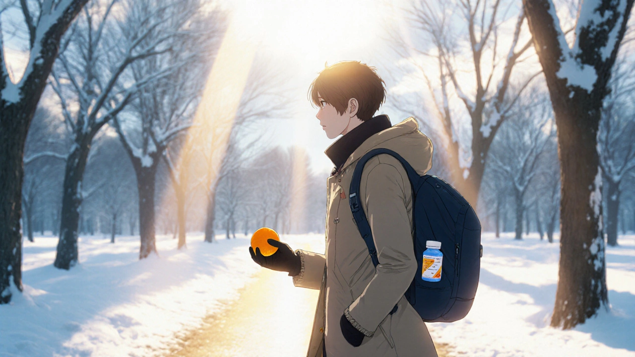 Figure walking in a snowy park holding an orange and a supplement bottle under bright sun.
