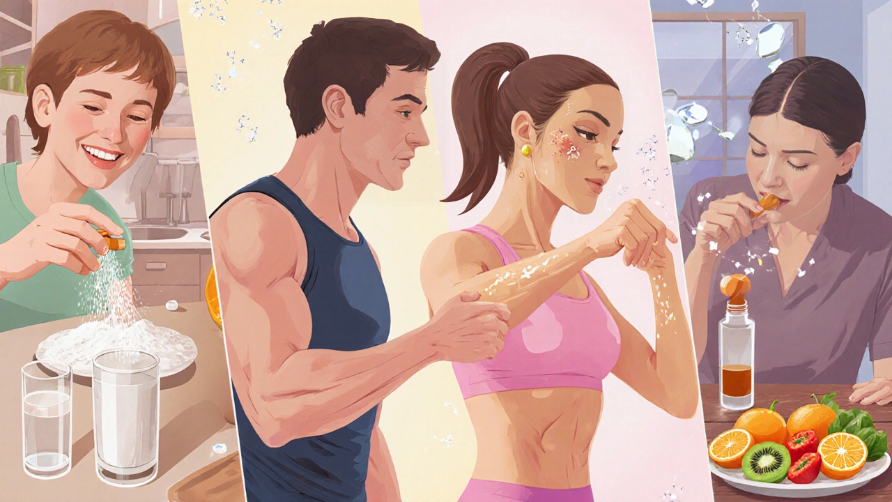 Four lifestyle scenes: sodium ascorbate drink, athlete with magnesium capsules, skin cream, and fresh fruit.