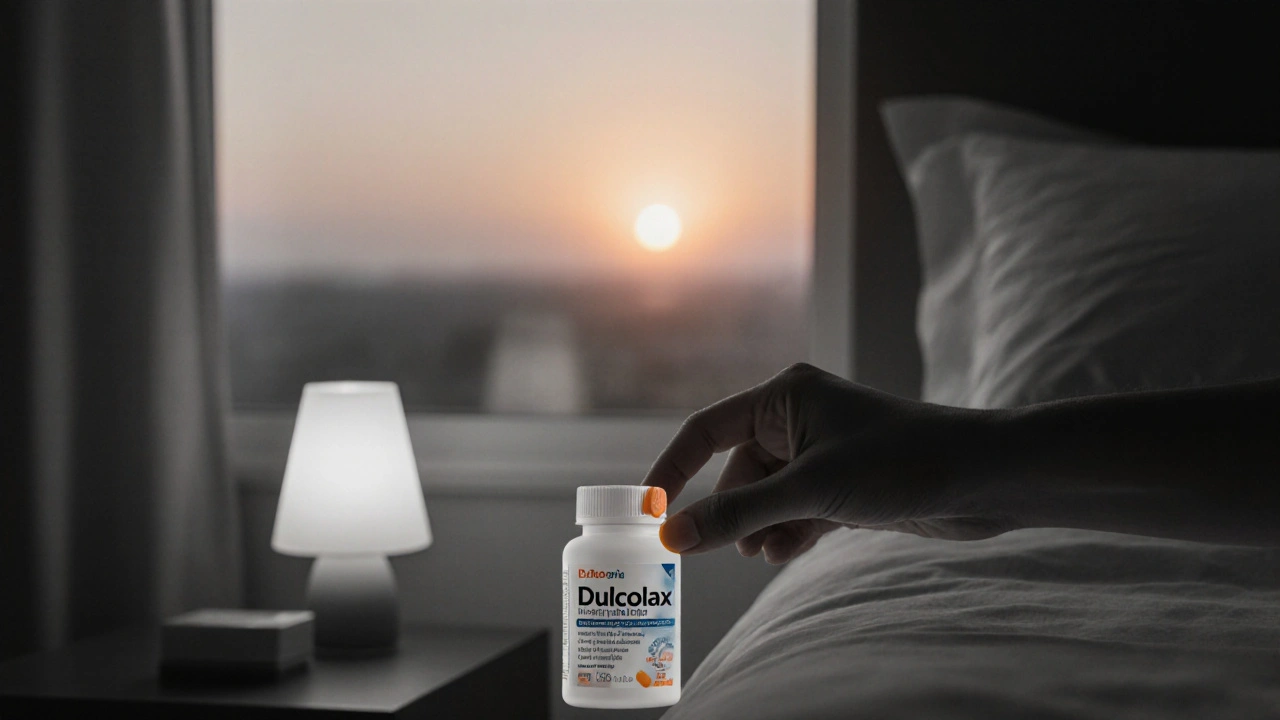 Hand picking a Dulcolax tablet at night beside a window where sunrise begins.