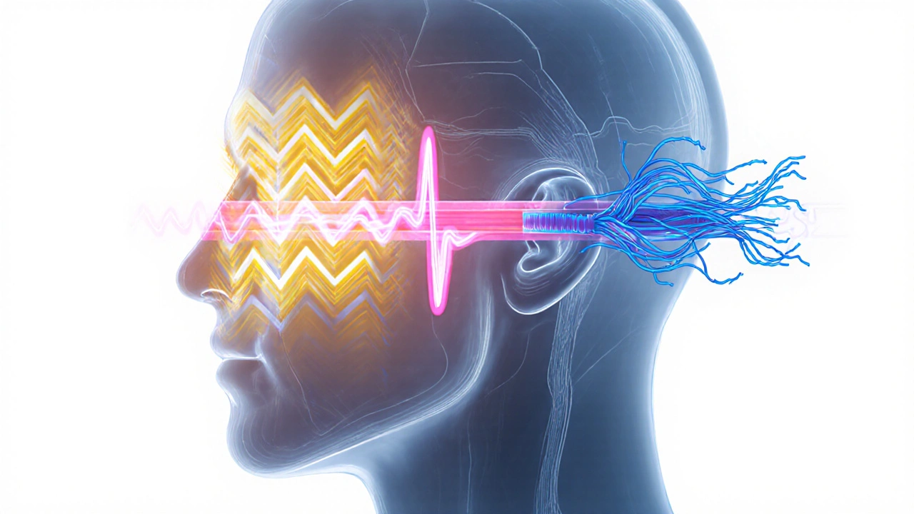 Head illustration showing migraine aura patterns on left and tight muscle band on right.