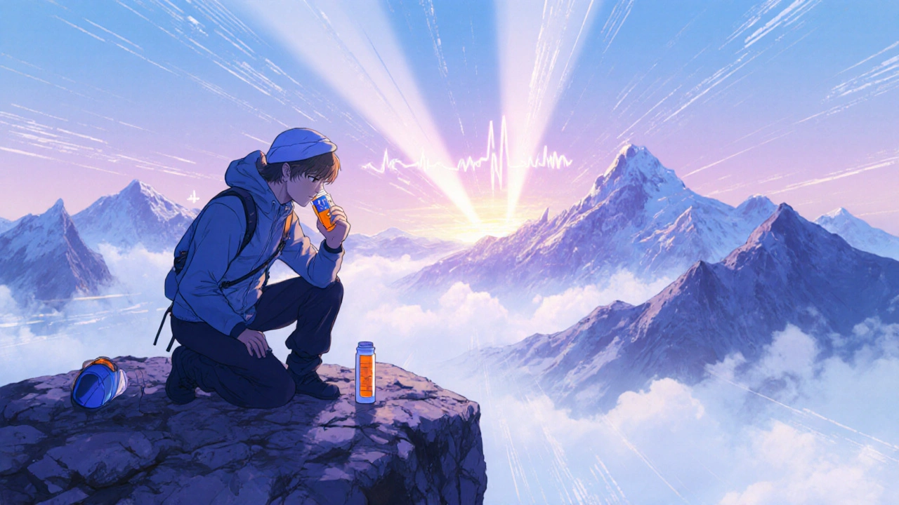Hiker at high altitude taking ibuprofen with water on a mountain ridge.