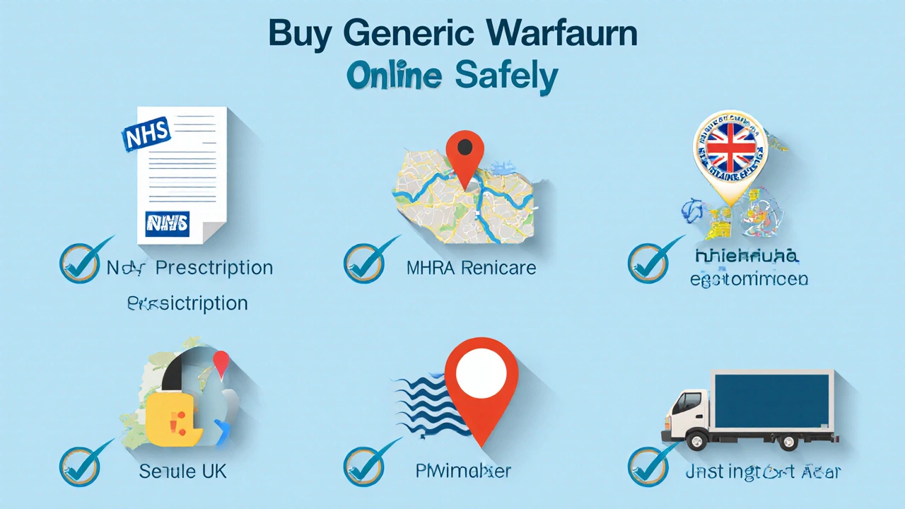 Illustrated checklist showing prescription, MHRA badge, secure payment, and delivery icons.