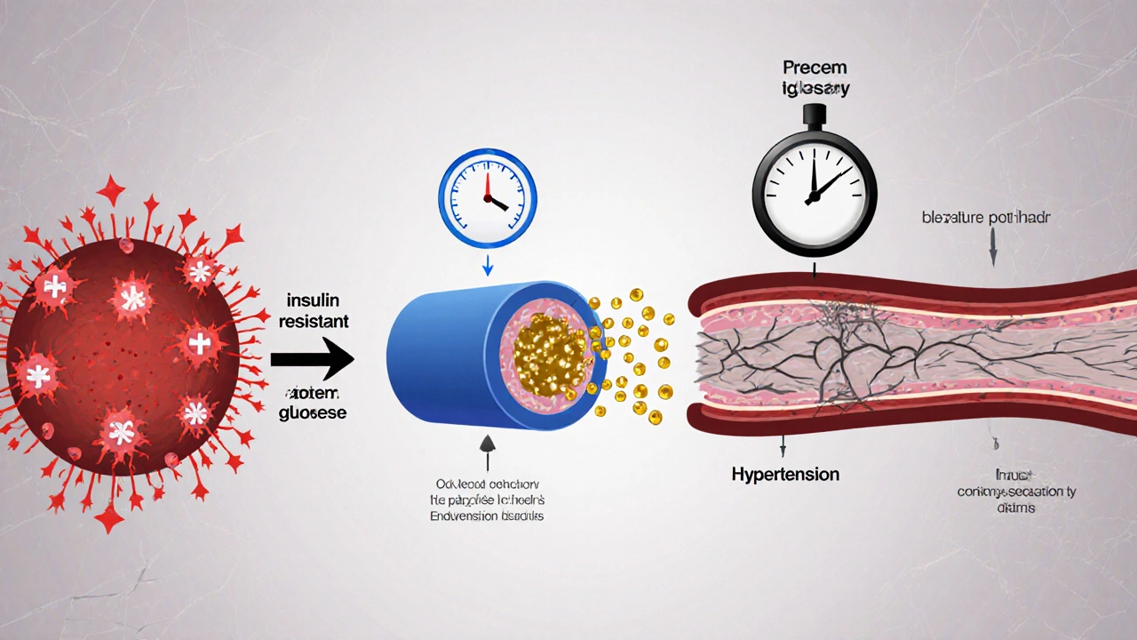 Illustration of four obesity‑related pathways causing artery damage and plaque buildup.