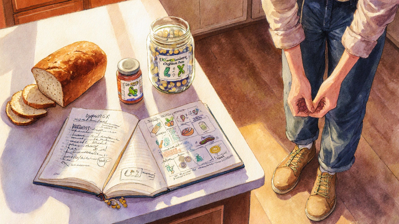 Kitchen scene with symptom journal, gluten‑free foods, enzyme bottle, probiotics, and a person preparing to walk.