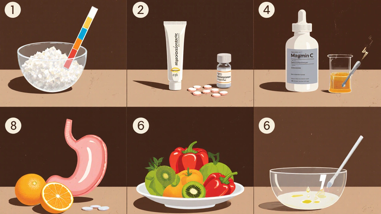Laboratory bench showing six Vitamin C alternatives with visual cues for pH and tolerance.
