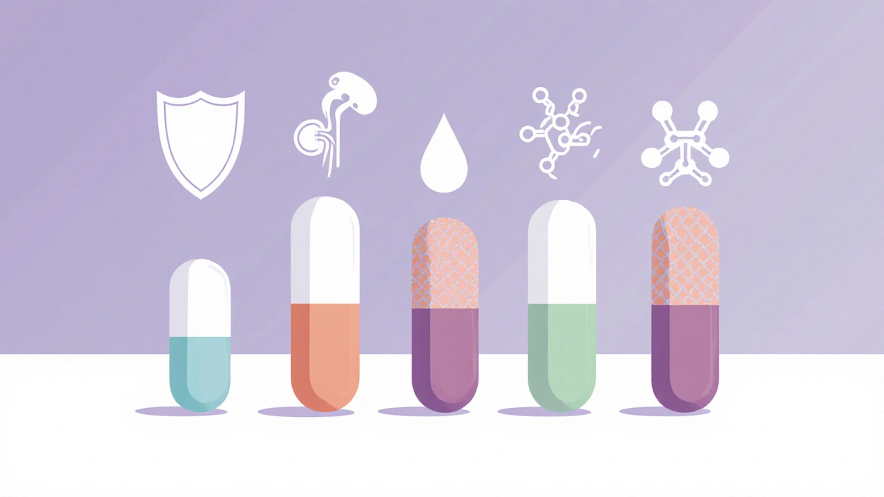 Lineup of protease inhibitor pills with icons for efficacy and safety.