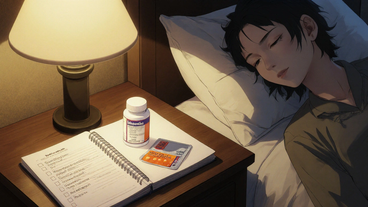 Nightstand with labeled ibuprofen pack and travel checklist beside a sleeping traveler.