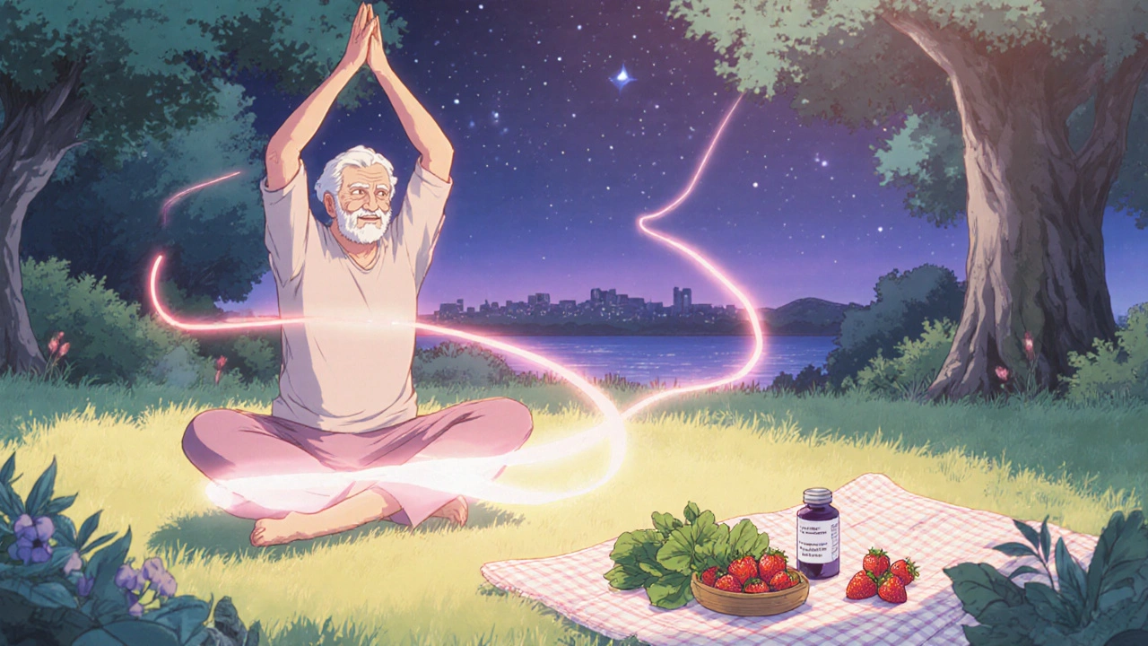 Older adult does yoga in a park, surrounded by healthy food and a pill bottle.