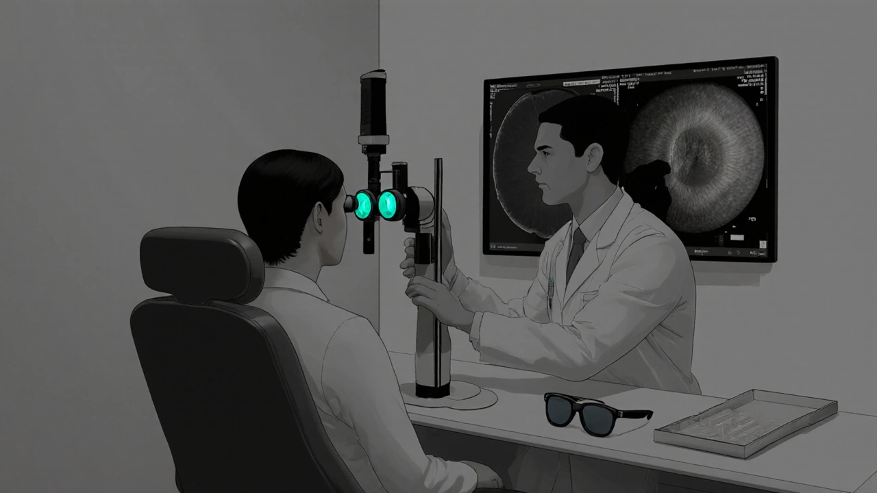 Ophthalmology exam with slit lamp and OCT scan, patient and doctor in a grayscale clinic.