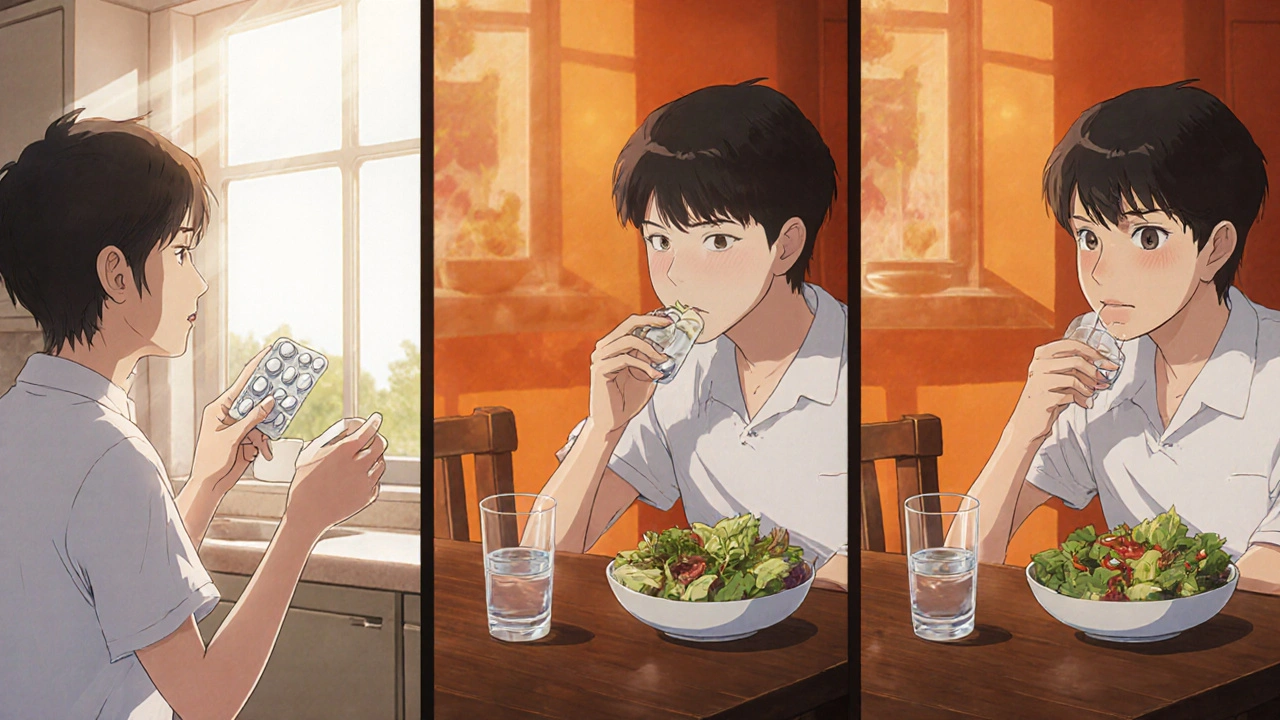 Patient takes a single tablet with breakfast, lunch, and dinner in three kitchen scenes.