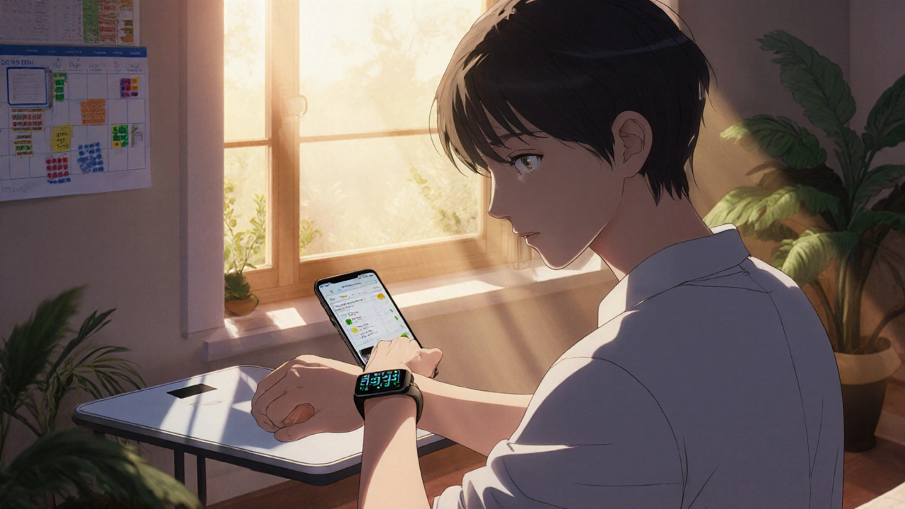 Patient using a scale, wearable monitor, and phone app to track heart health at home.
