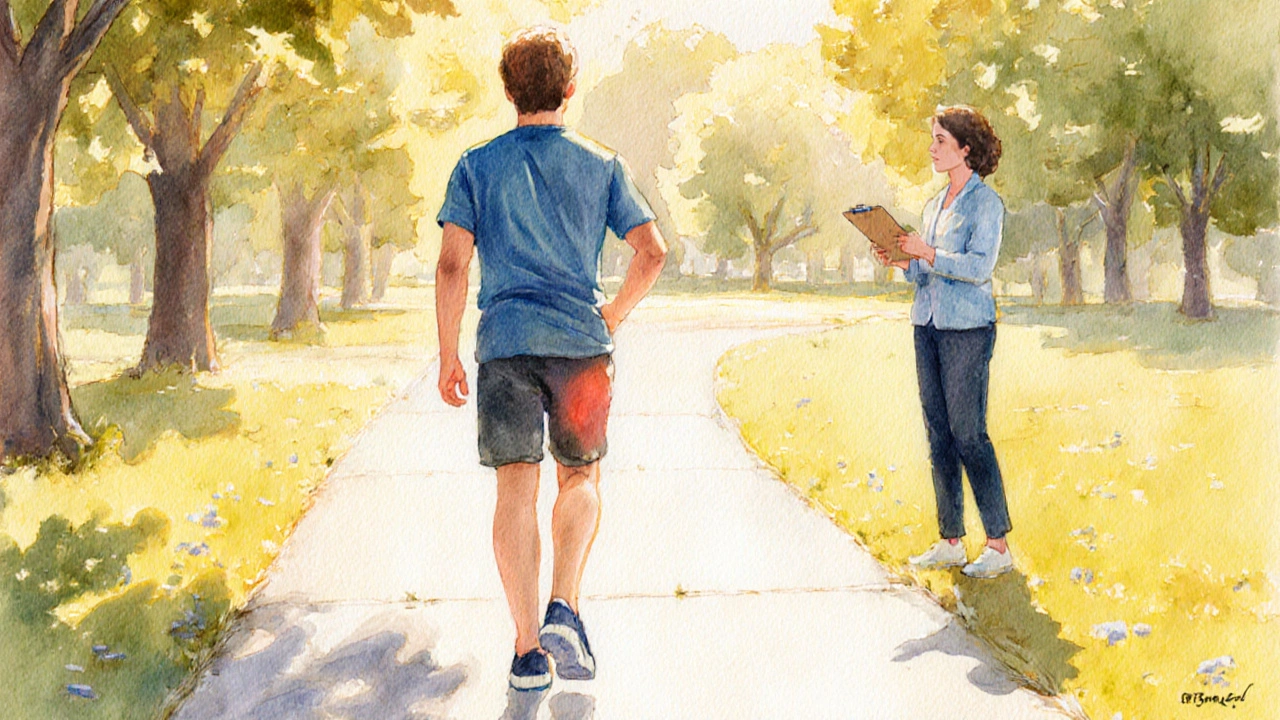 Patient walking with a confident stride after successful massage therapy.