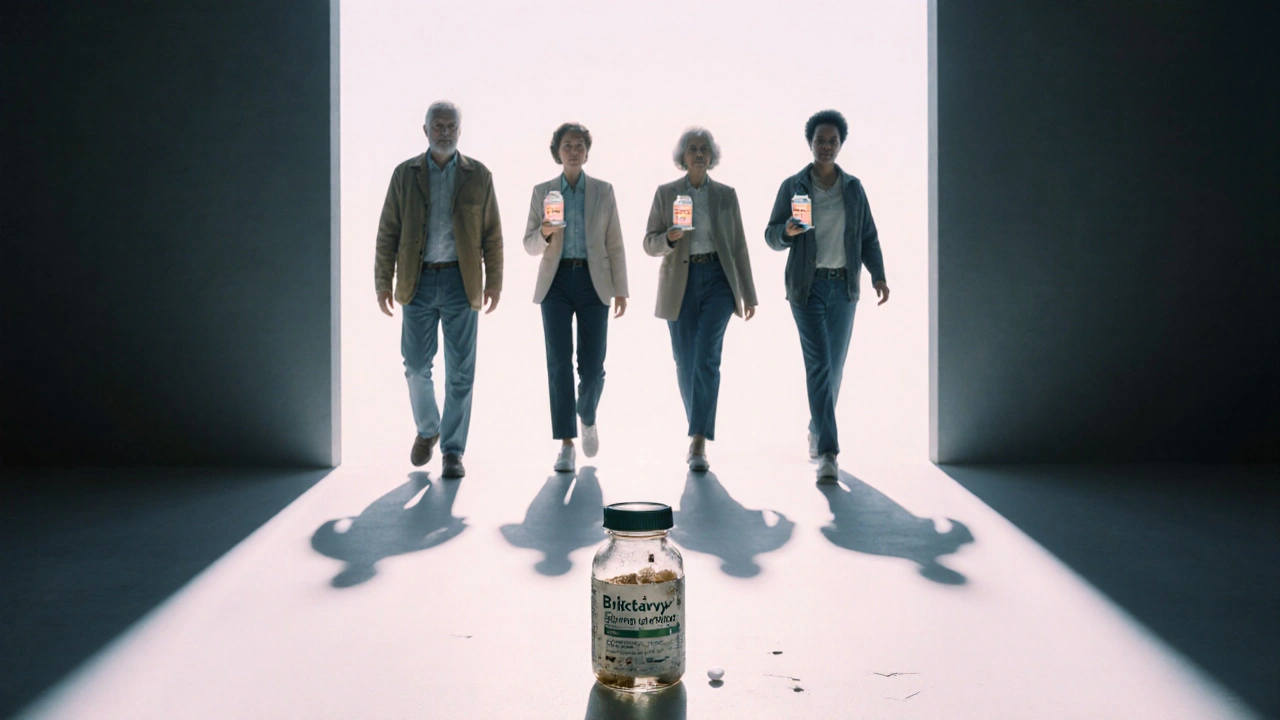 People walking toward light holding single-pill HIV regimens, with a faded Epivir bottle on the floor.