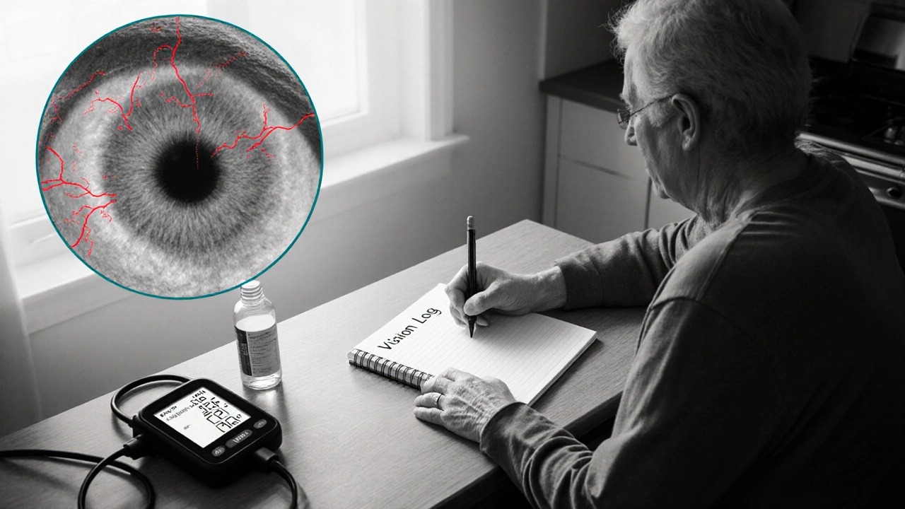 Person writing a vision log at a table with eye drops and blood pressure cuff, retina sketch nearby.
