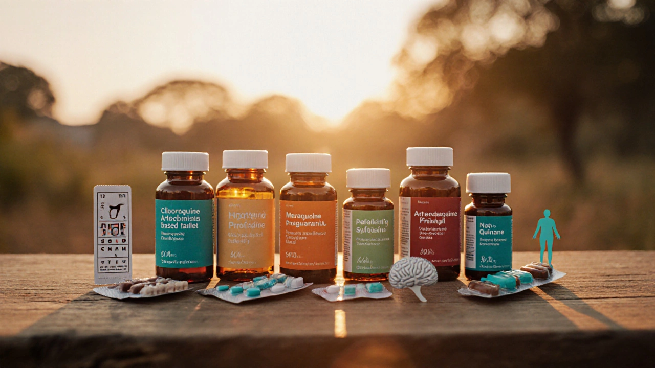 Row of medication bottles with visual symbols for side effects on a sunrise table.