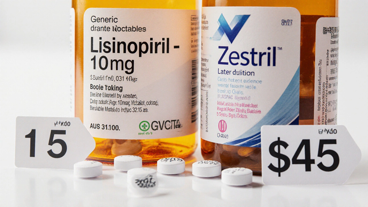 Side‑by‑side view of generic and brand lisinopril bottles with price tags and spilled tablets.