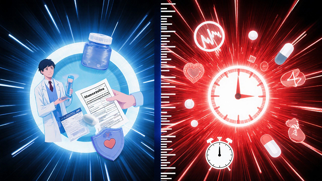 Split scene contrasting atomoxetine with stimulants, showing doctor and health icons.