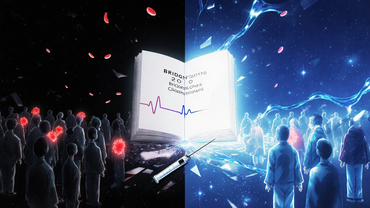 Split scene of patients with clots versus clear blood, with a medical journal revealing the 2015 BRIDGE trial findings.