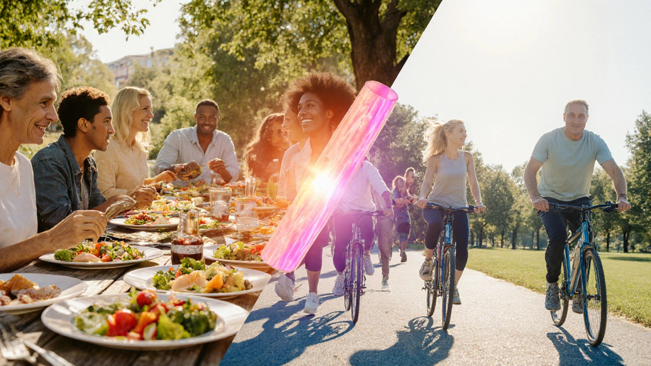 Split scene of people eating Mediterranean food and exercising, with a healthy artery shown.