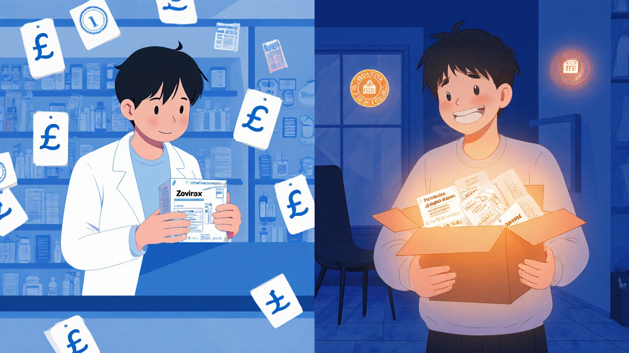 Split-screen comparison: expensive branded drug vs affordable generic purchased online.