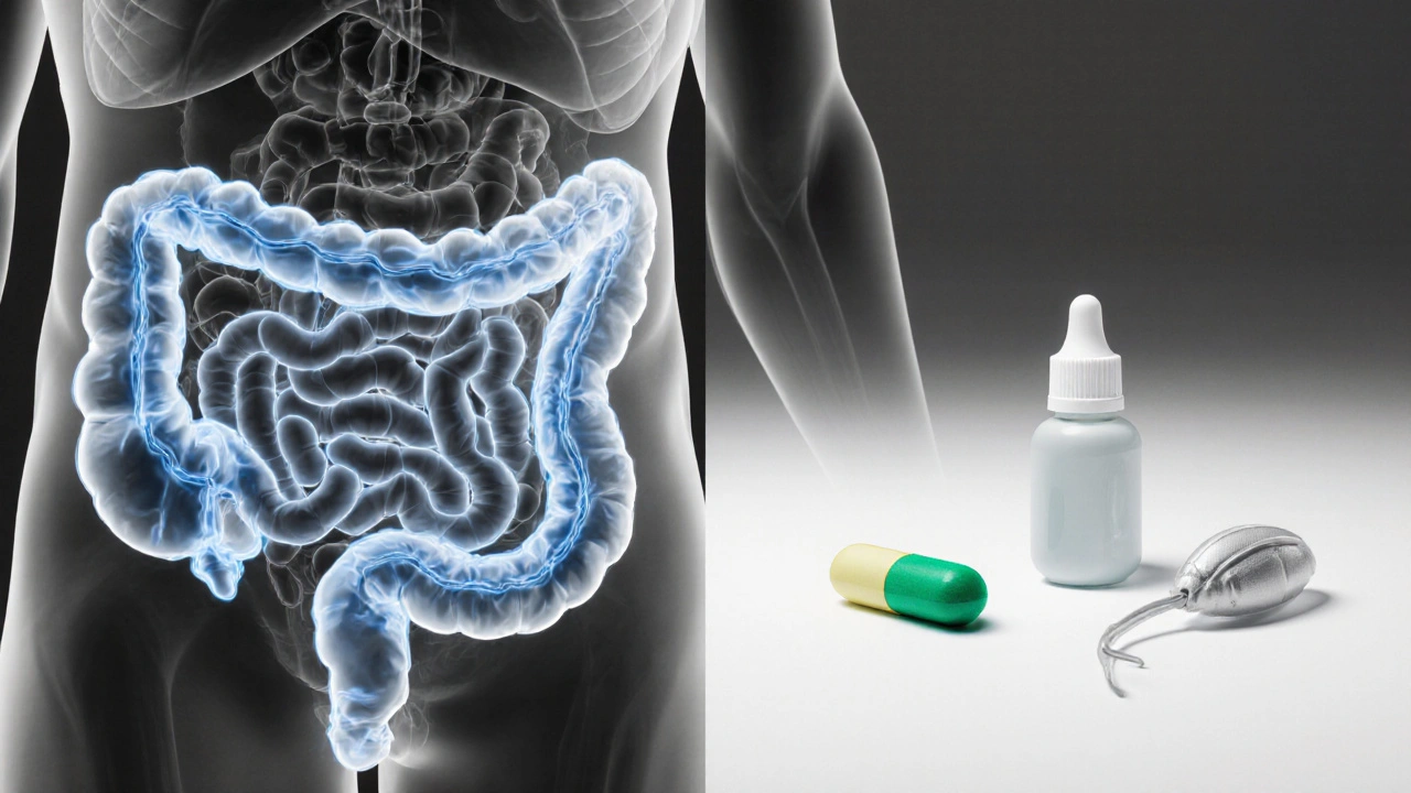 Split view of colon cross‑section with water highlights and laxative tablet, liquid droplet, suppository.