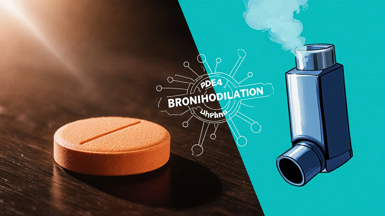 Split view showing a Daliresp tablet beside an inhaler with overlay labels of their actions.