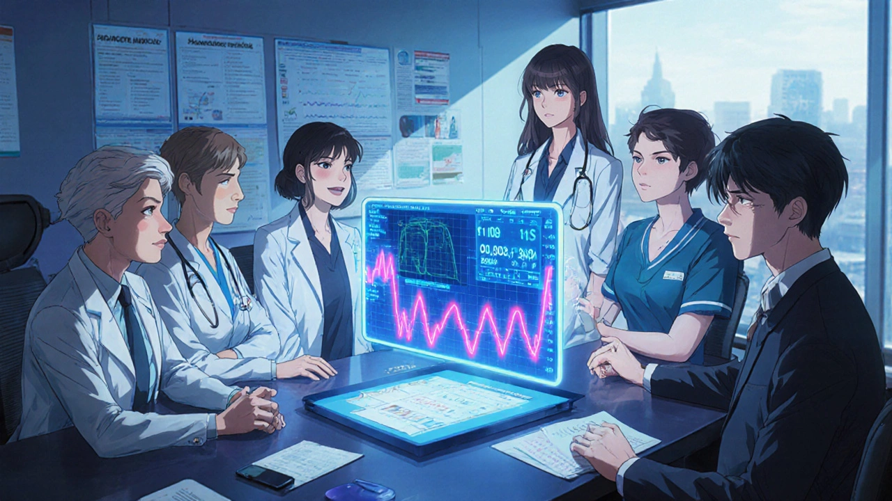 Studio Shaft anime team of doctors, nurses, and specialists reviewing a patient’s cardiac data.