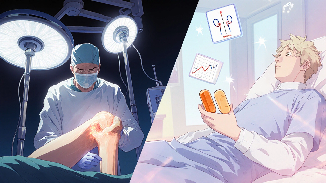 Surgical debridement scene shifting to a patient taking oral antibiotics at home.