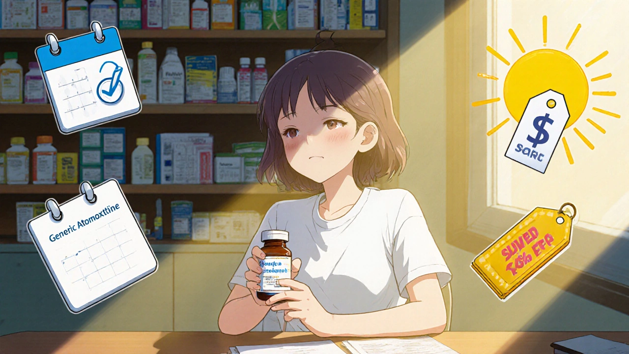 Teen smiling with generic atomoxetine bottle, calendar and discount symbols nearby.