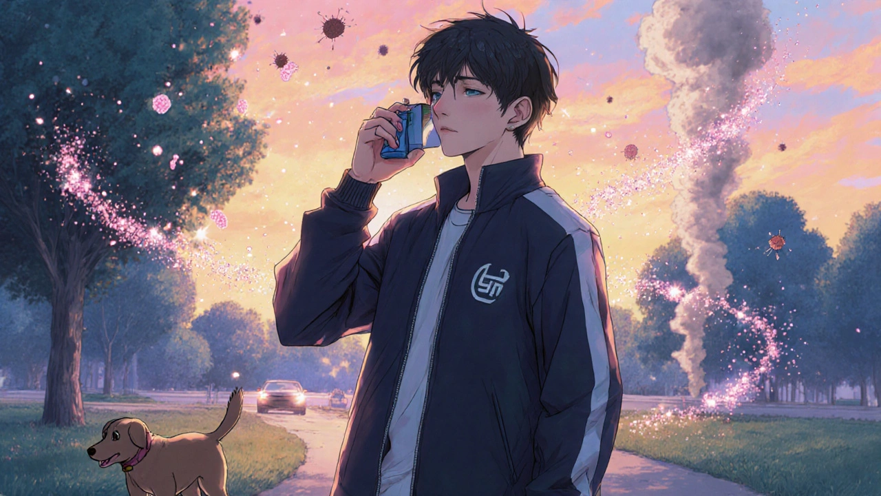 Teen surrounded by floating pollen, smoke, and pet dander, holding an inhaler.