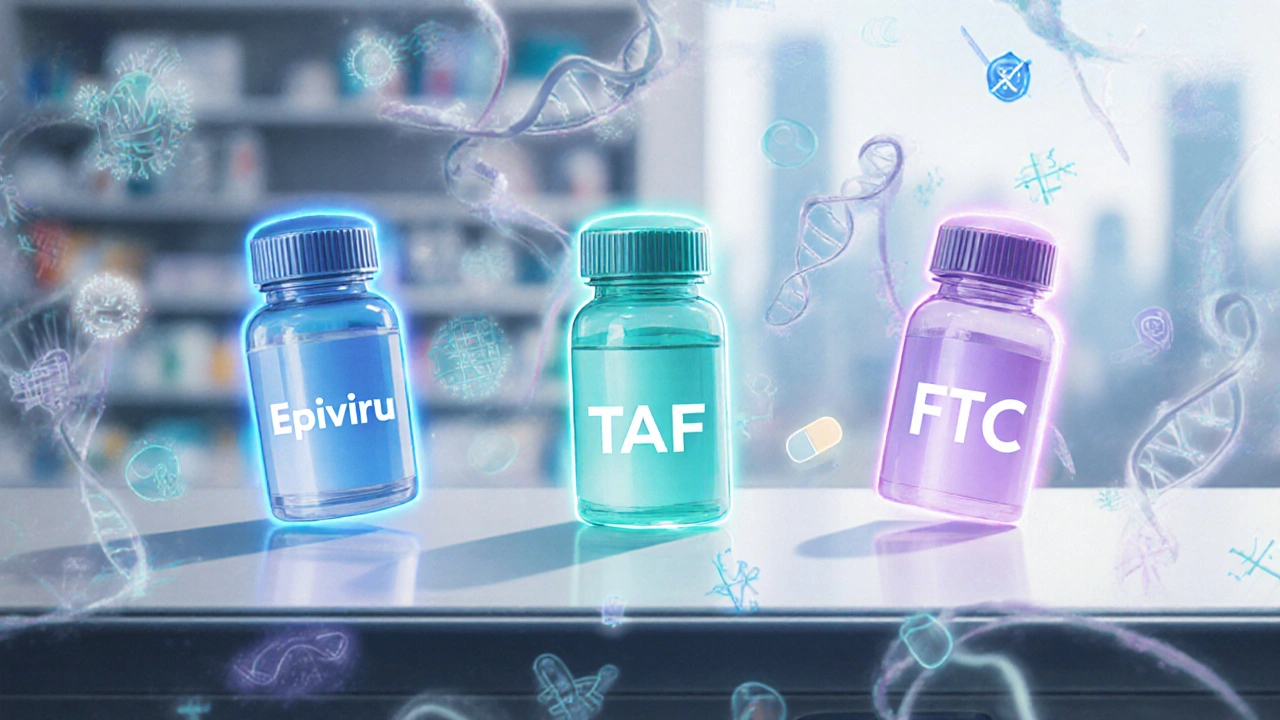 Three glowing HIV medication bottles with DNA strands transforming around them in Studio Shaft style.