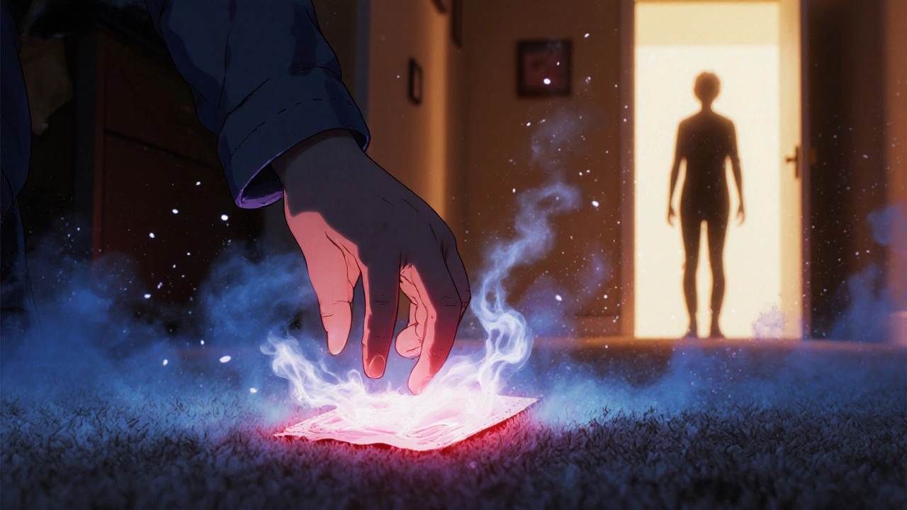 A child&#039;s hand reaching for a discarded fentanyl patch that glows ominously on the floor.