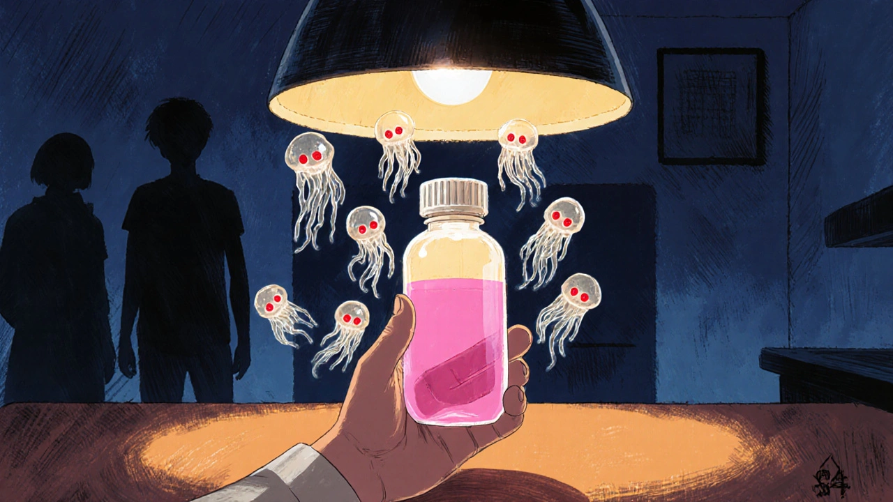 A child holding a fading pink antibiotic liquid as mutated bacteria float menacingly in the air.