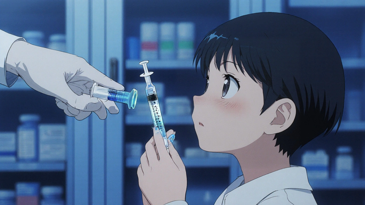 A child using a dosing syringe to take liquid medicine with a pharmacist assisting.