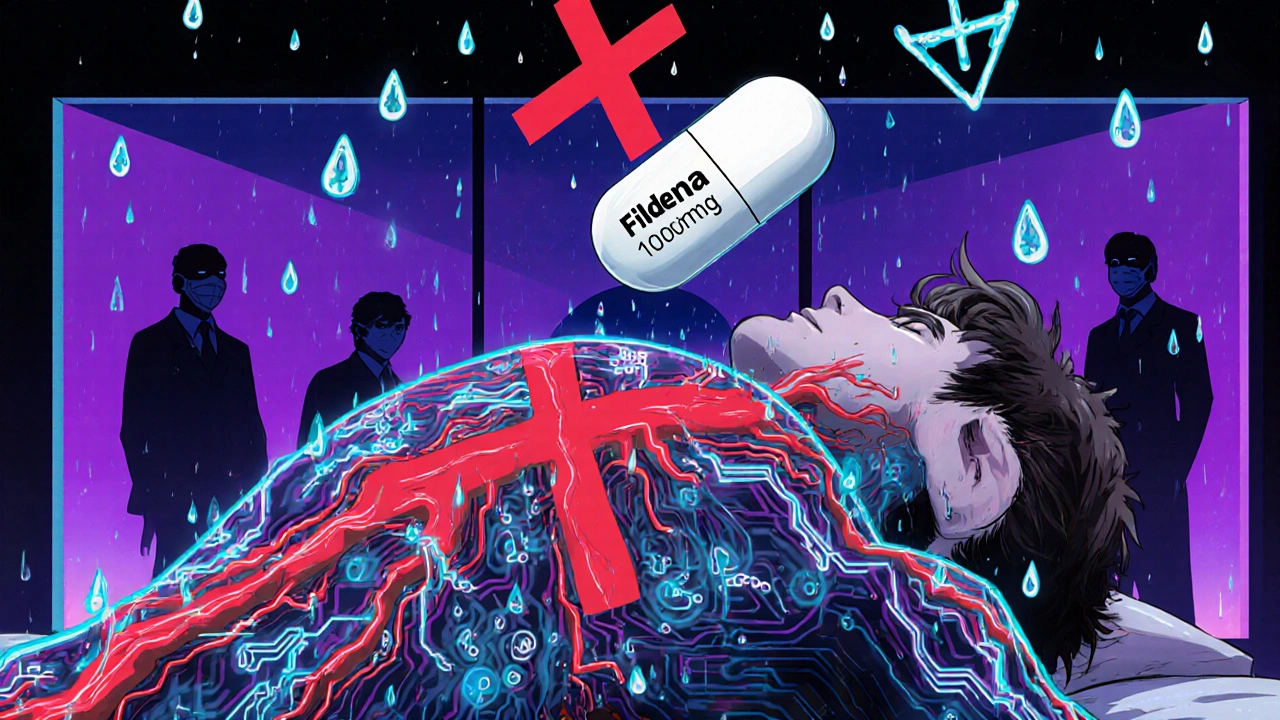 A man&#039;s body as a glowing circuit board with a blocked artery and floating Fildena pill, surreal medical dream scene.